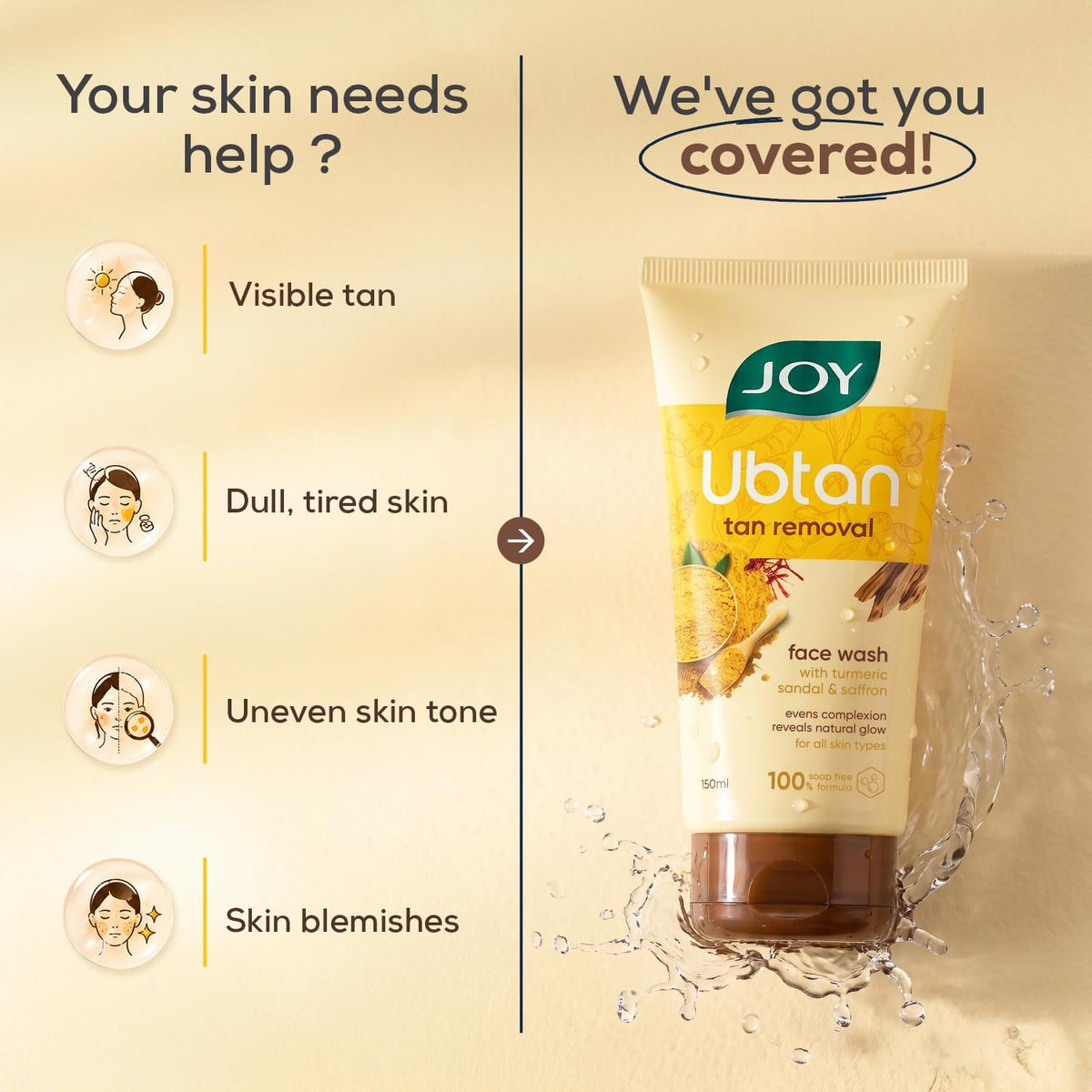 Joy Ubtan Tan Removal Face Wash 150ml x 2 | Detan Facewash | Removes Dirt & Blemishes for a Natural Glowing Skin | Enriched With Turmeric, Saffron & Sandalwood