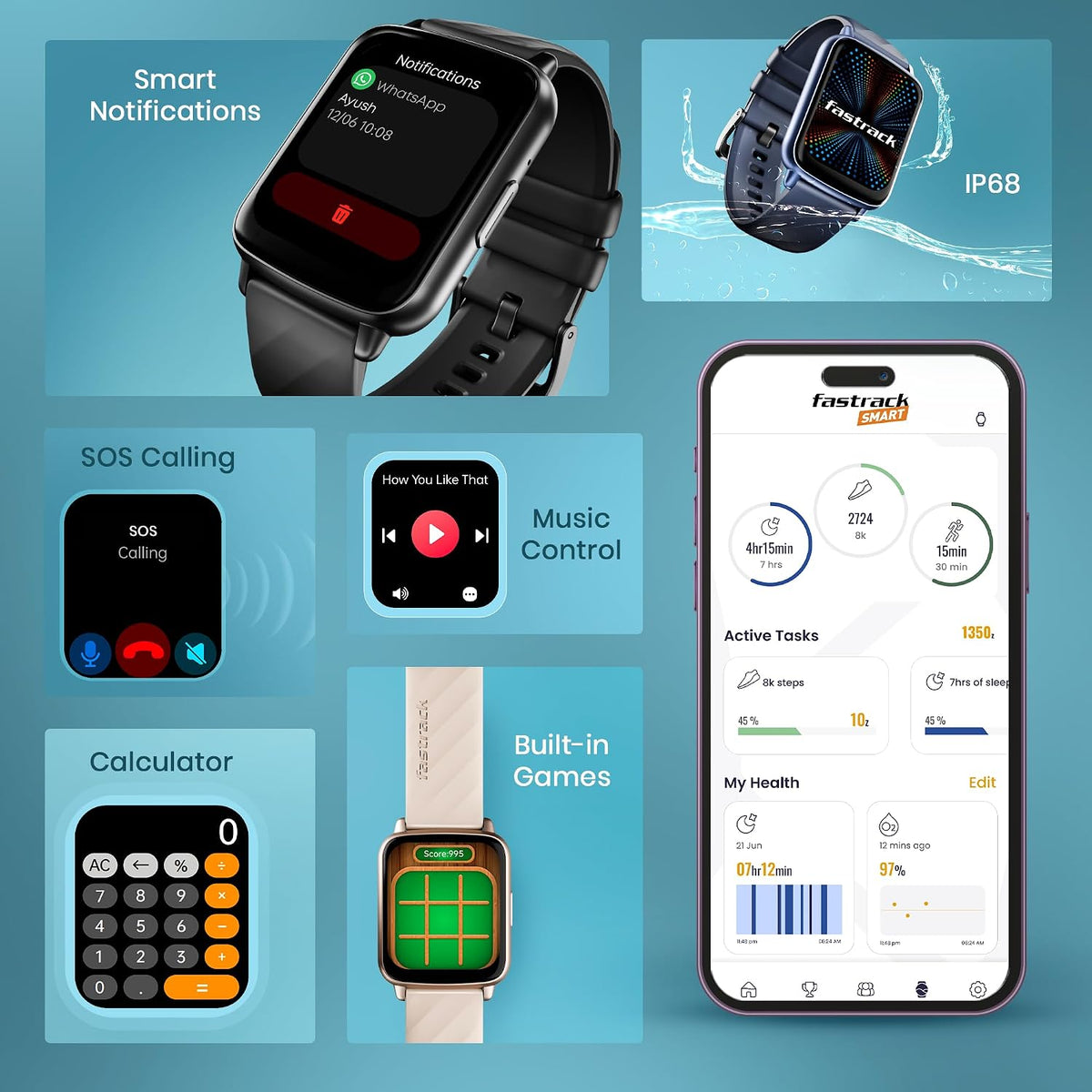 Fastrack Volt S1 Smart Watch for Man and Women Latest with 1.83" Display, Silicone Strap, BT Calling, 100+ Sports Modes, Heart Rate, SpO2, IP68, Ideal Smartwatc