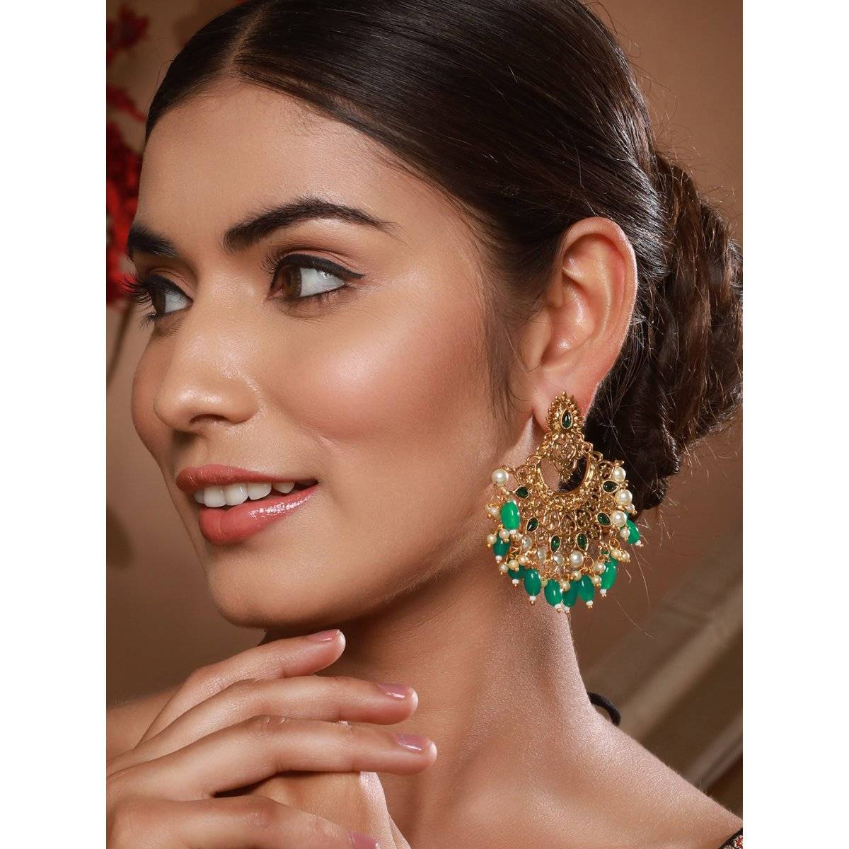 Aatmana Women Green Contemporary Chandbali Earrings