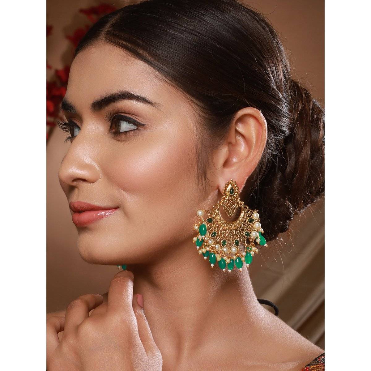 Aatmana Women Green Contemporary Chandbali Earrings
