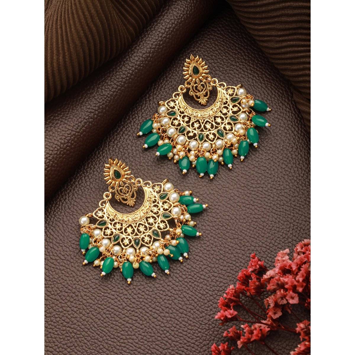 Aatmana Women Green Contemporary Chandbali Earrings
