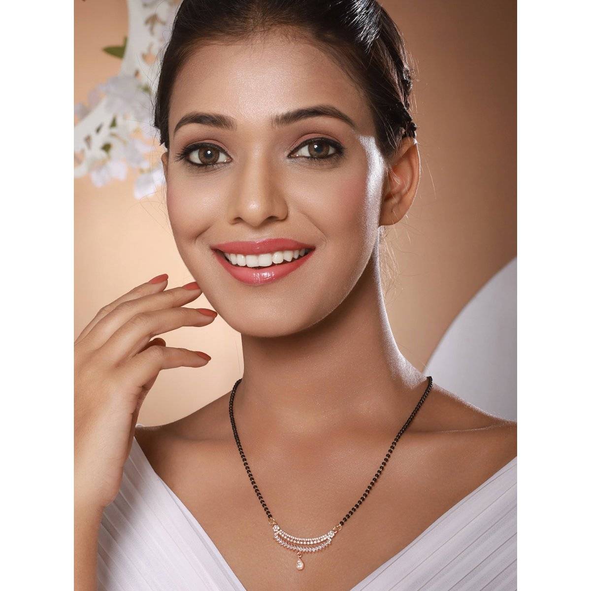 Aatmana Rose Gold Plated Cubic Zirconia Stone and Beaded Mangalsutra