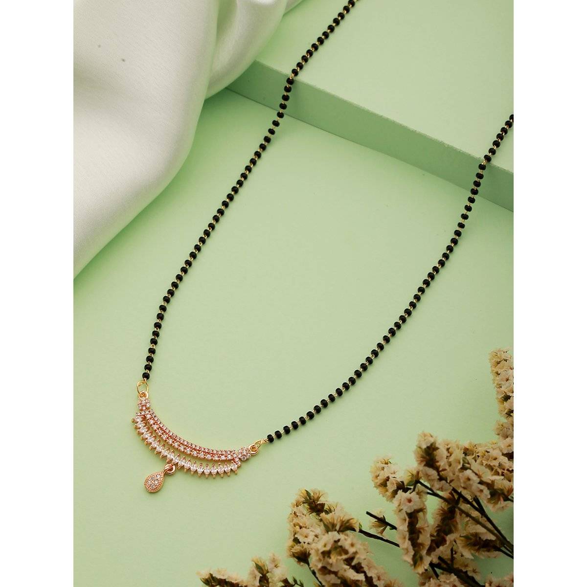 Aatmana Rose Gold Plated Cubic Zirconia Stone and Beaded Mangalsutra