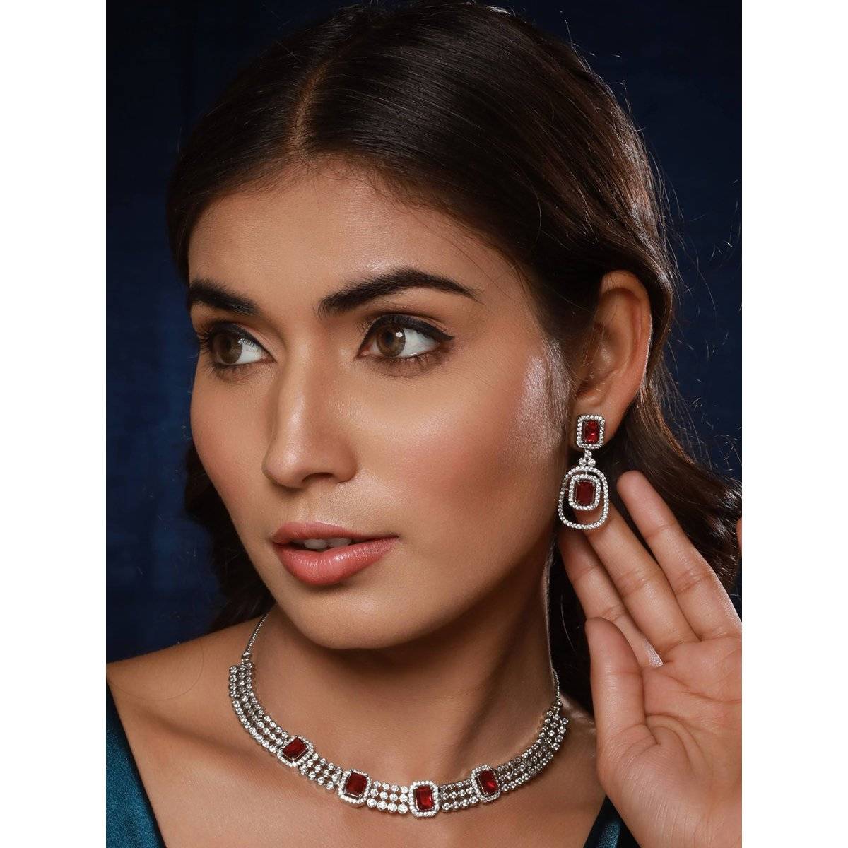 Aatmana Silver-Plated Red Ad-Studded Jewellery Set