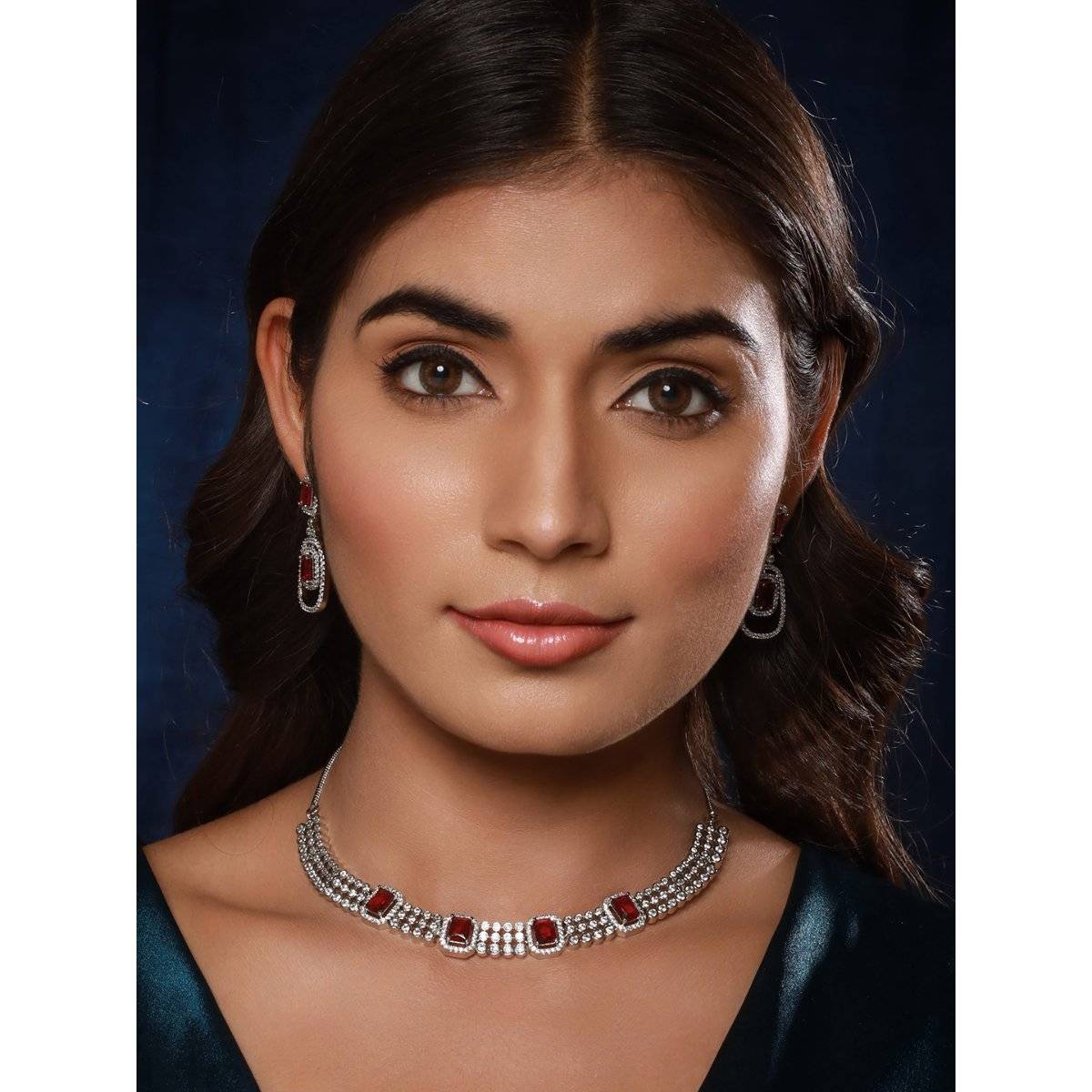 Aatmana Silver-Plated Red Ad-Studded Jewellery Set