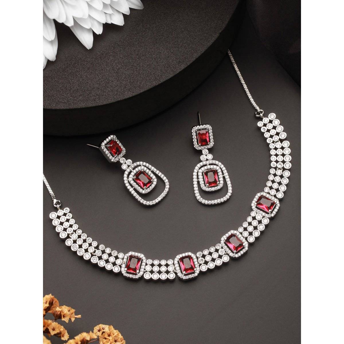 Aatmana Silver-Plated Red Ad-Studded Jewellery Set