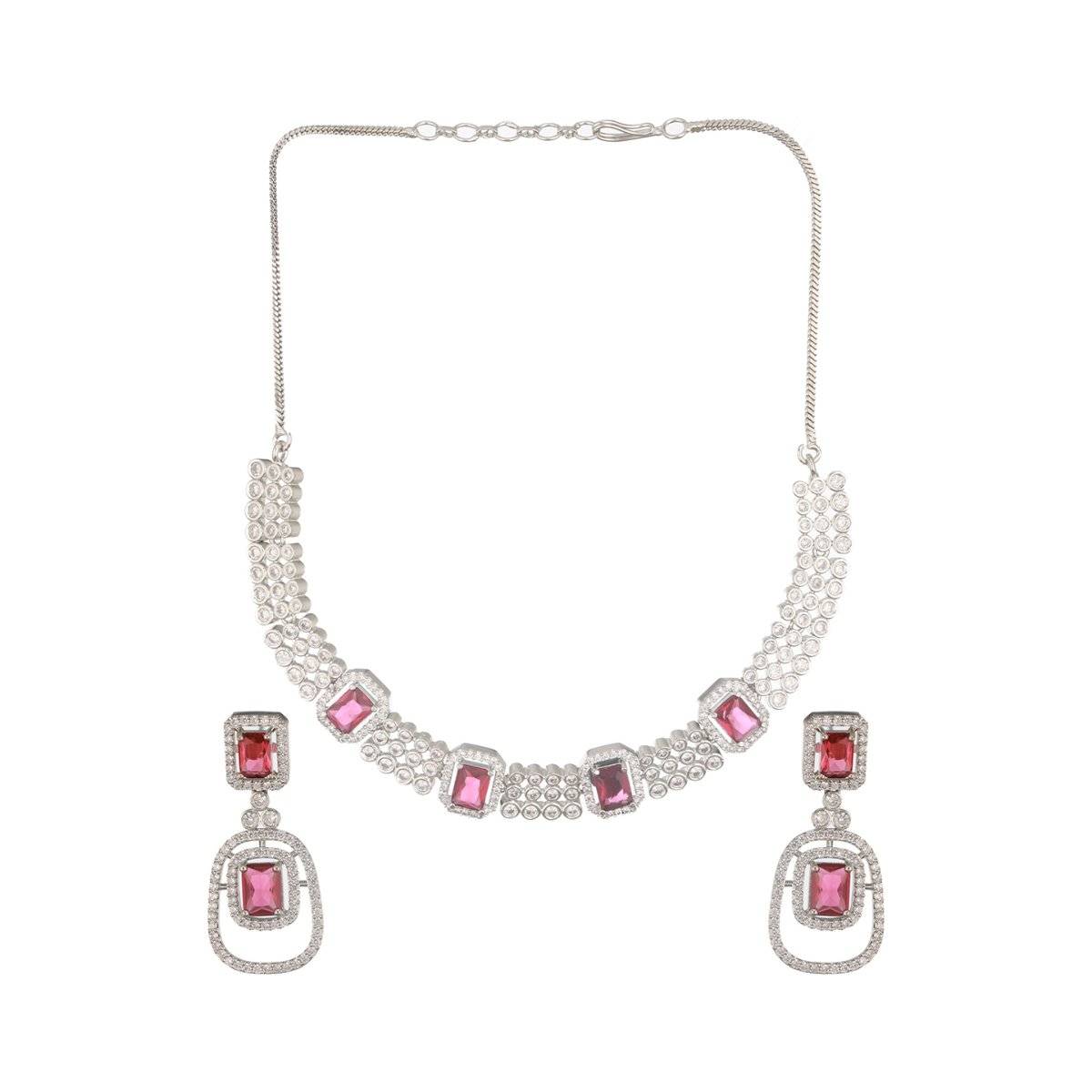 Aatmana Silver-Plated Red Ad-Studded Jewellery Set