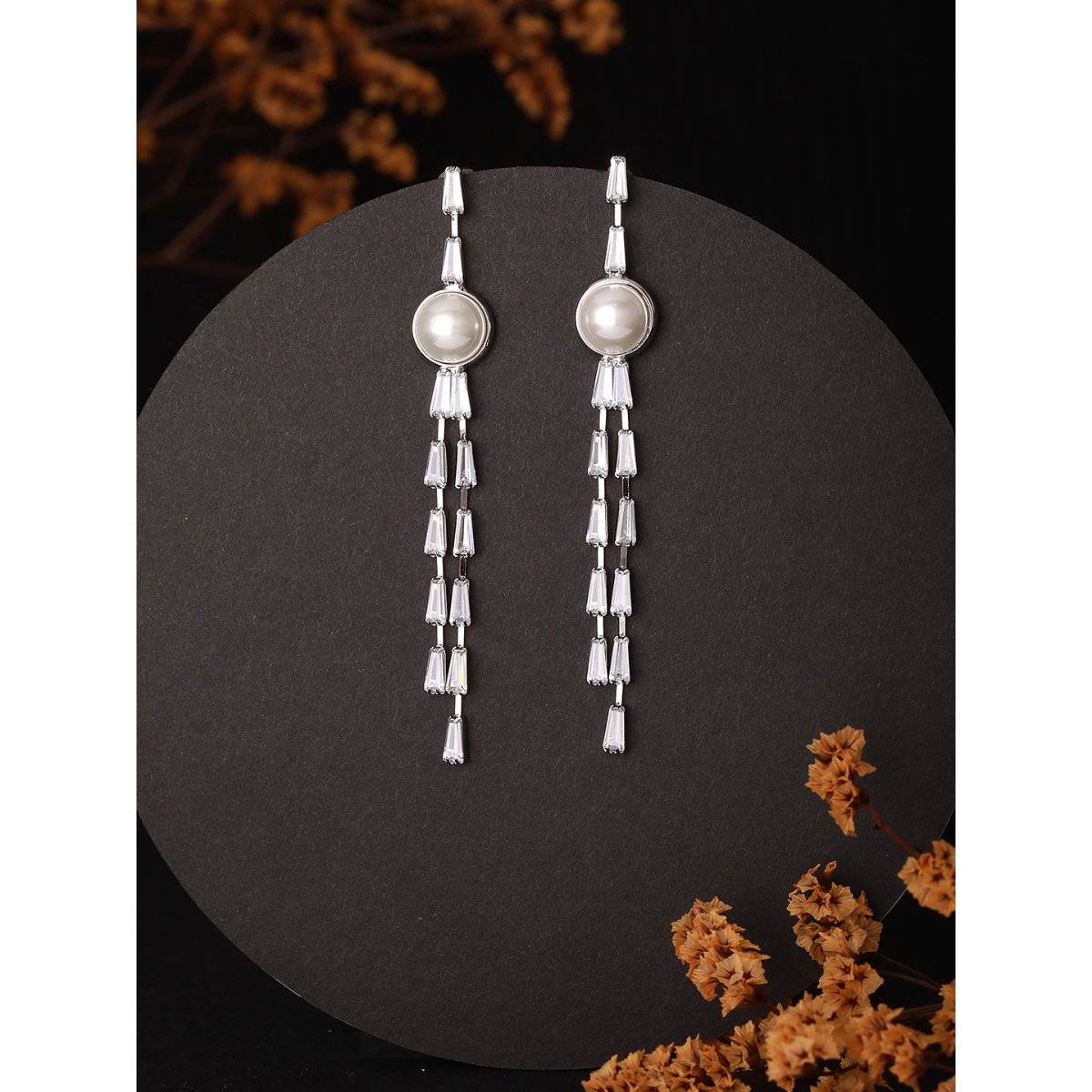 Aatmana Rhodium-Plated Contemporary Drop Earrings