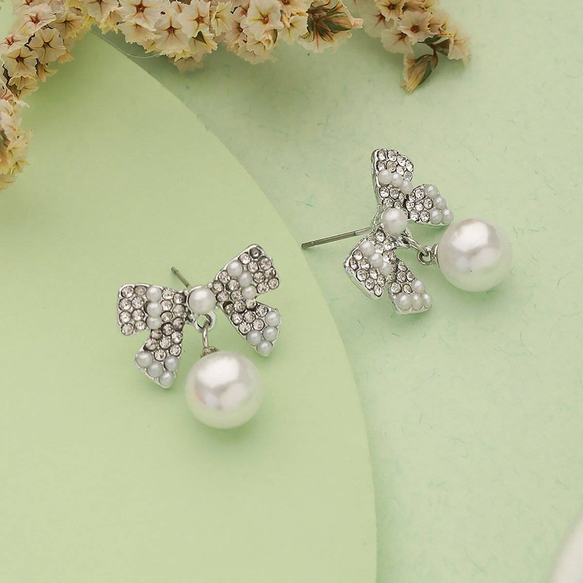 Aatmana Rhodium Plated Cubic Zirconia Pearl Drop Earrings