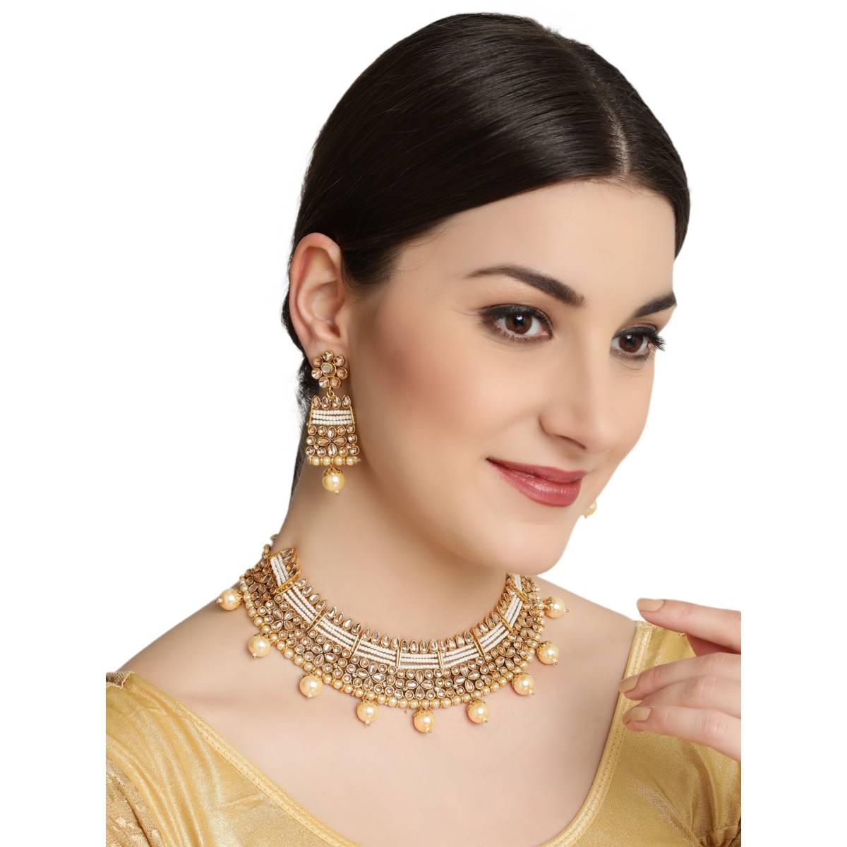 Aatmana Gold Plated Mirror Studded White Beads Reversible Necklace Set · One Size
