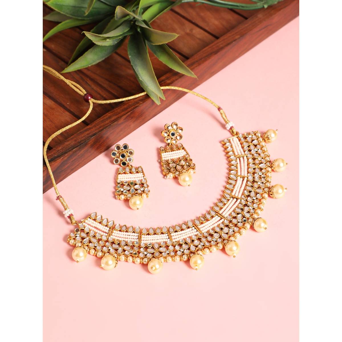 Aatmana Gold Plated Mirror Studded White Beads Reversible Necklace Set · One Size