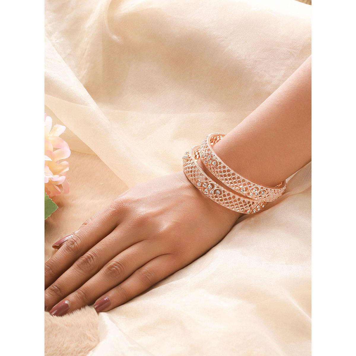 Aatmana Set of 2 Rose Gold-Plated Cubic Zirconia Studded Bangle