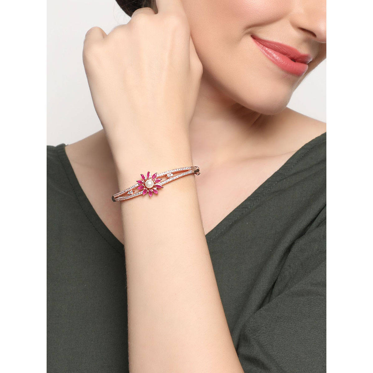 Aatmana Rose Gold Plated American Diamond Ruby Studded Floral Patterned Bracelet