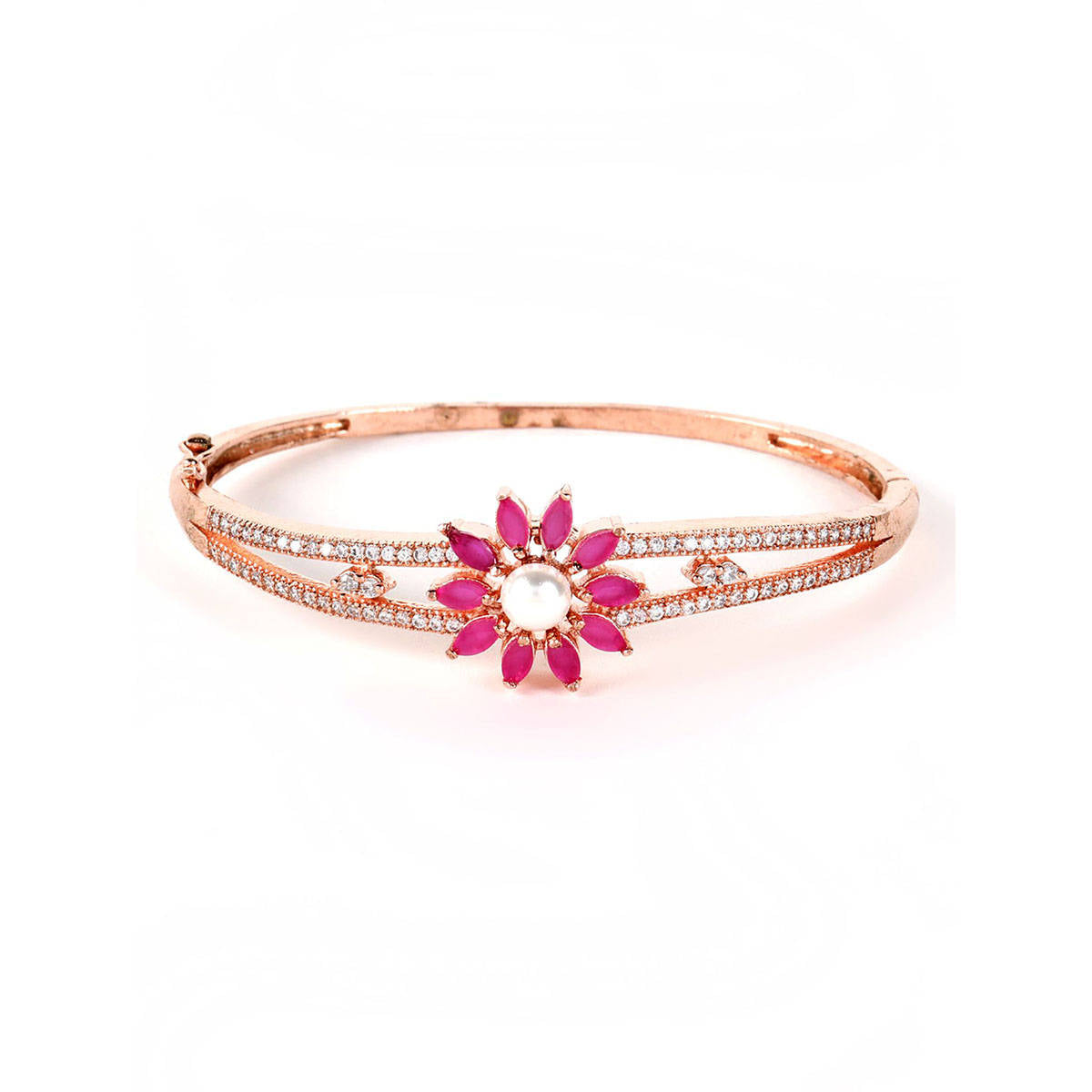 Aatmana Rose Gold Plated American Diamond Ruby Studded Floral Patterned Bracelet · One Size