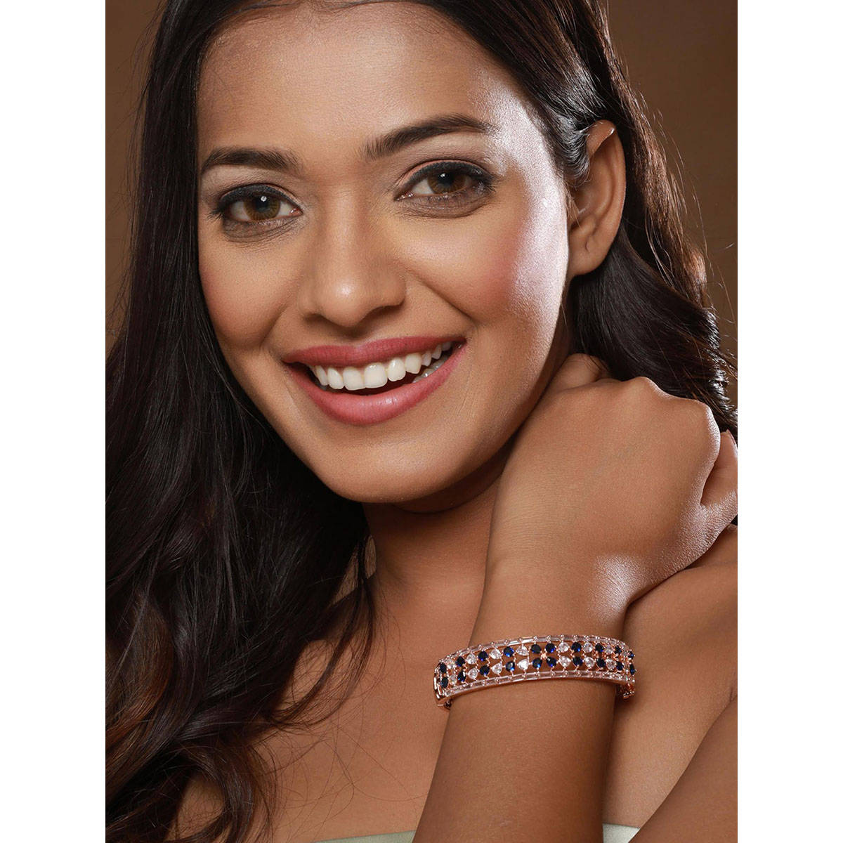Aatmana Rose Gold Plated & Blue American Diamond Studded Bangle Style Bracelet · One Size