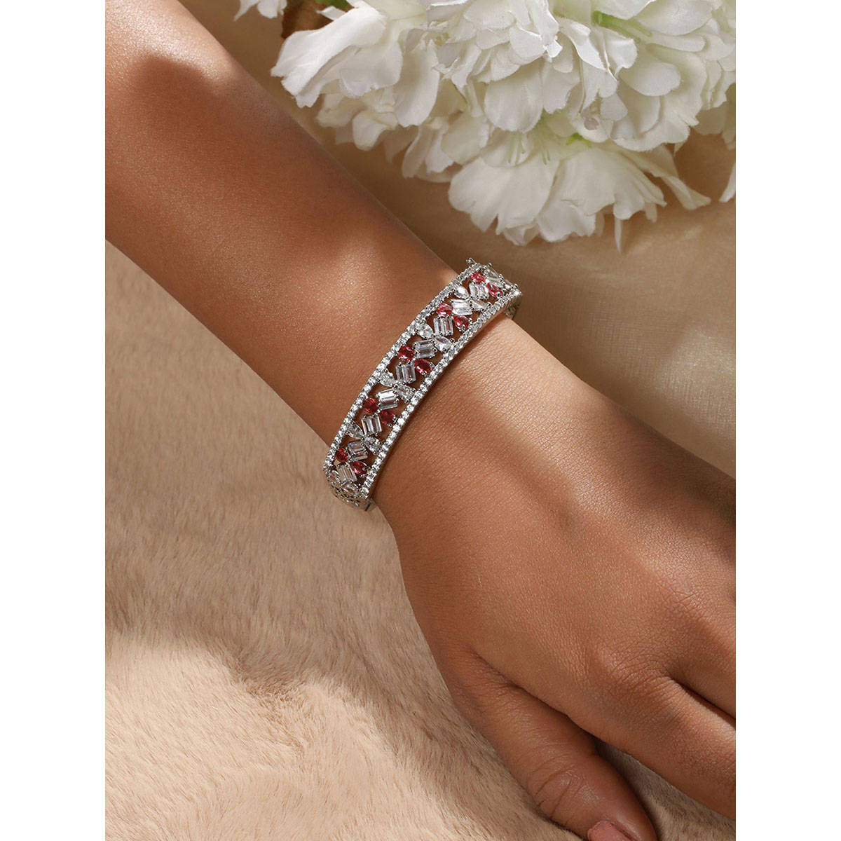 Aatmana Red & White American Diamond Studded Rhodium-Plated Link Bracelet