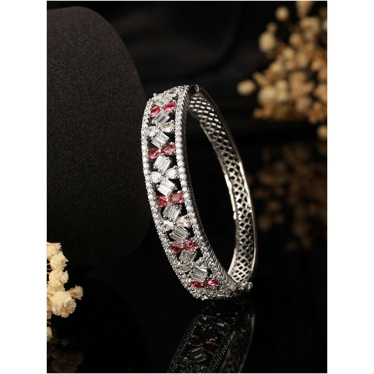 Aatmana Red & White American Diamond Studded Rhodium-Plated Link Bracelet