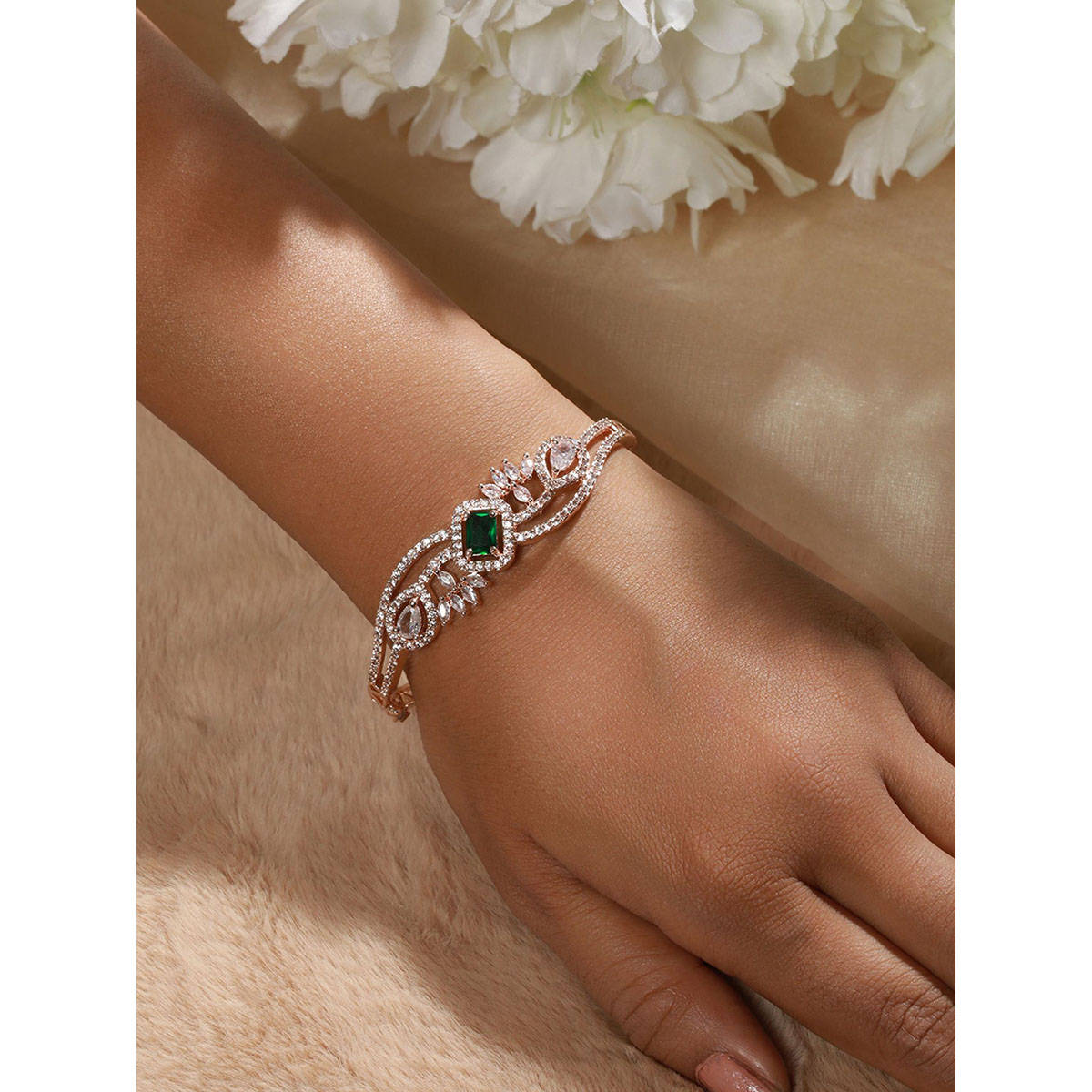 Aatmana Rose Gold Plated & Green American Diamond Studded Bangle Link Bracelet
