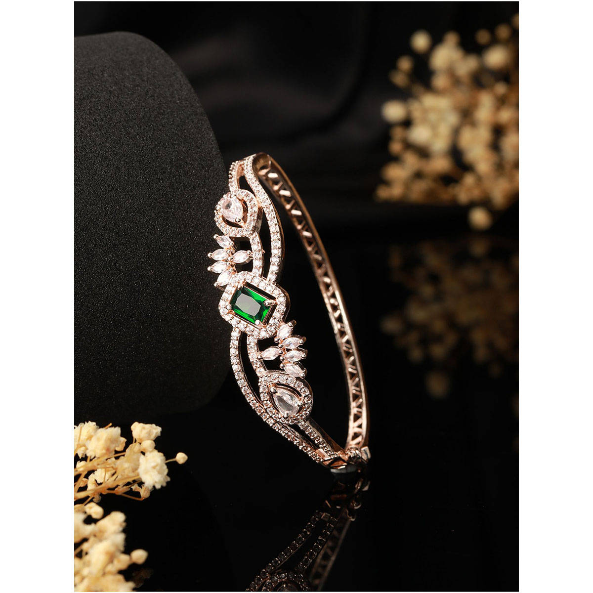 Aatmana Rose Gold Plated & Green American Diamond Studded Bangle Link Bracelet