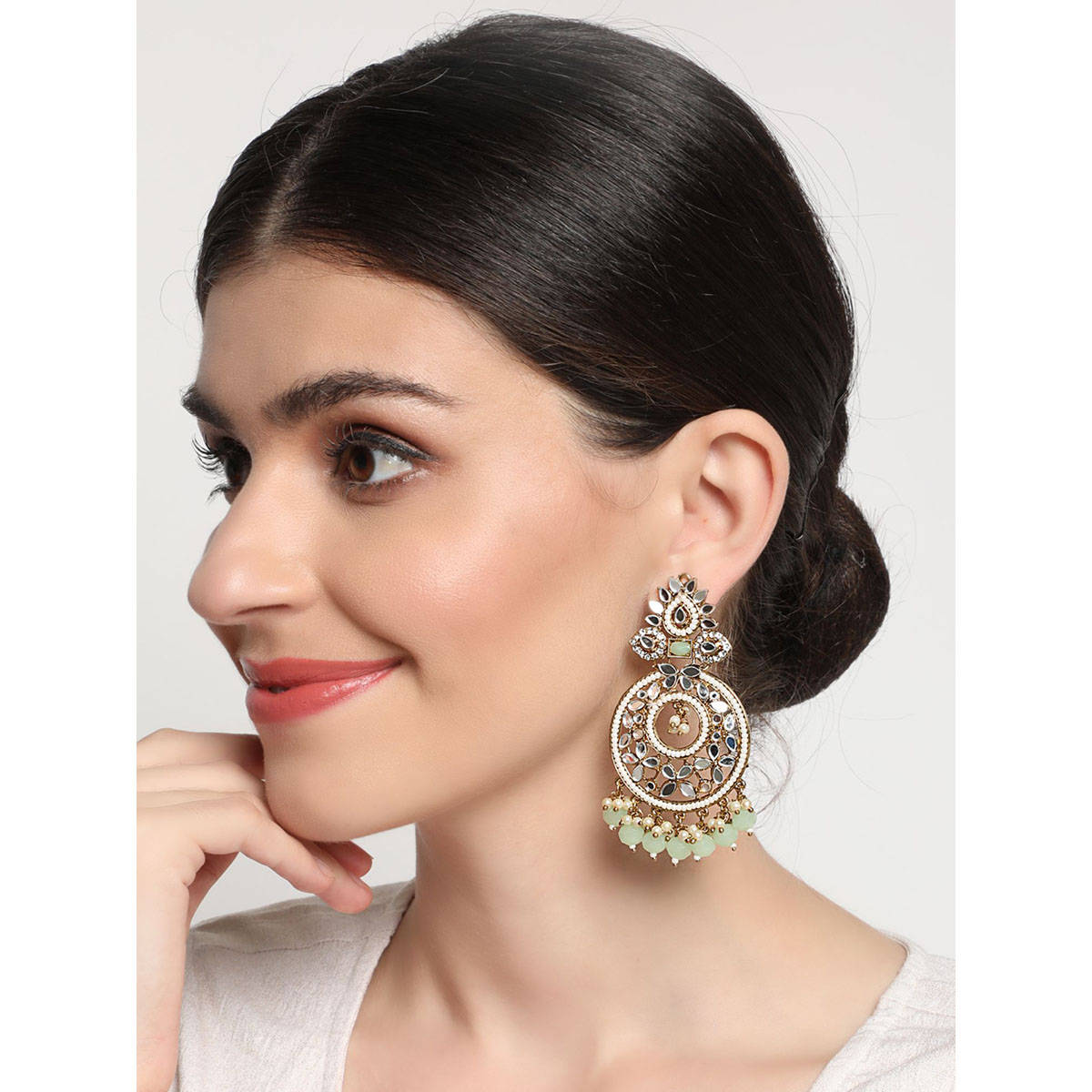 Aatmana Mint Green Gold-Plated stone Studded & Beaded Crescent Shaped Chandbalis Earrings
