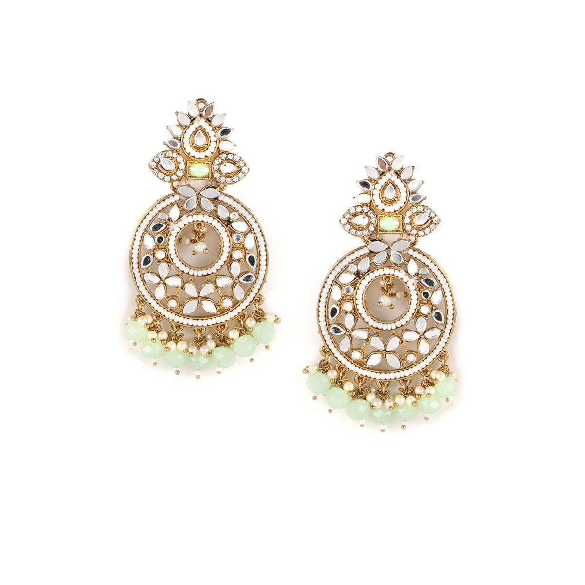 Aatmana Mint Green Gold-Plated stone Studded & Beaded Crescent Shaped Chandbalis Earrings