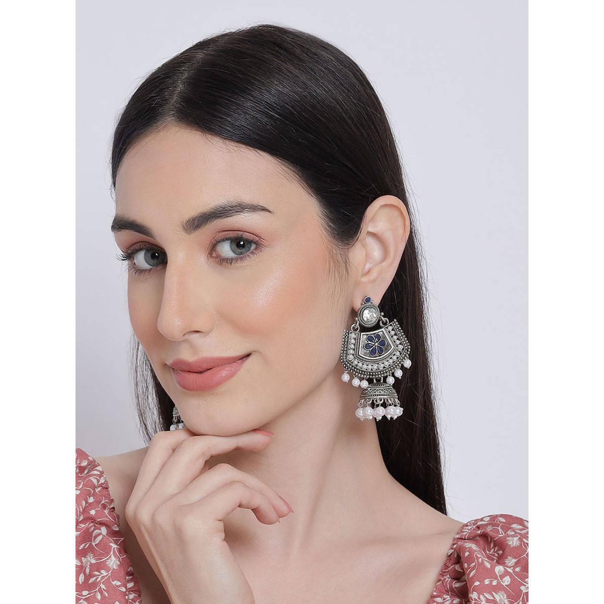 Aatmana Blue Meenakari Kundan & Pearl Floral Ethnic Drop Jhumka Earrings