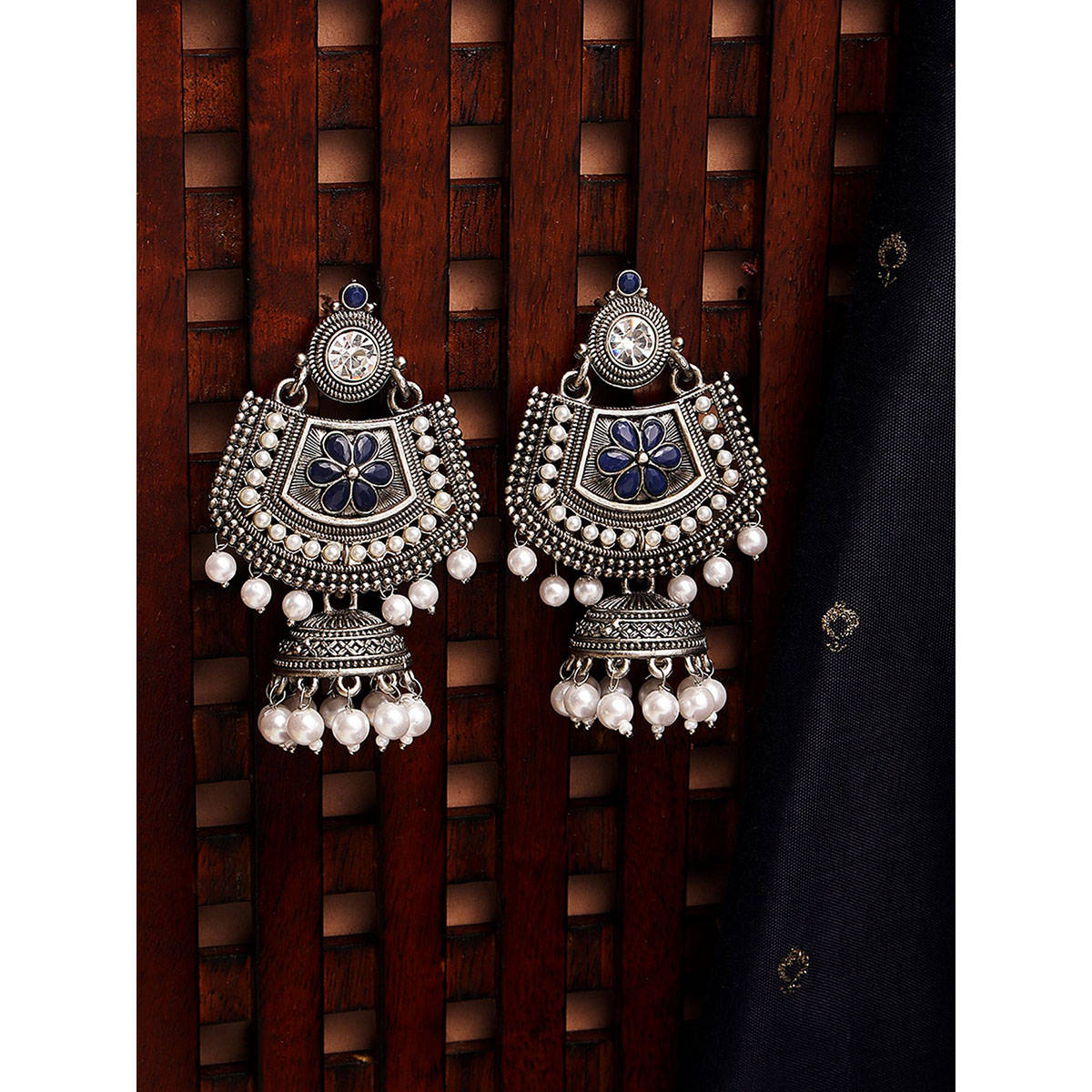 Aatmana Blue Meenakari Kundan & Pearl Floral Ethnic Drop Jhumka Earrings