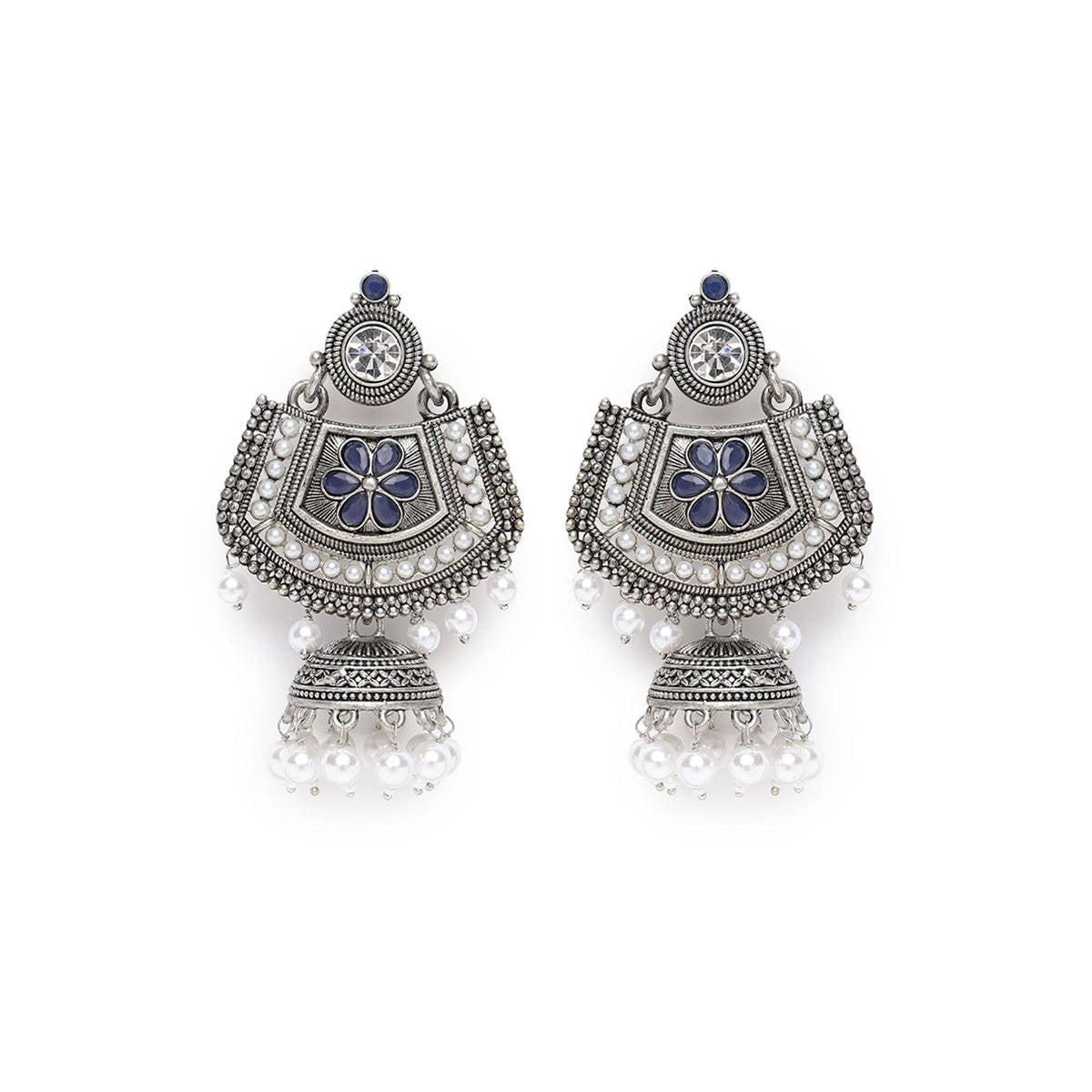 Aatmana Blue Meenakari Kundan & Pearl Floral Ethnic Drop Jhumka Earrings