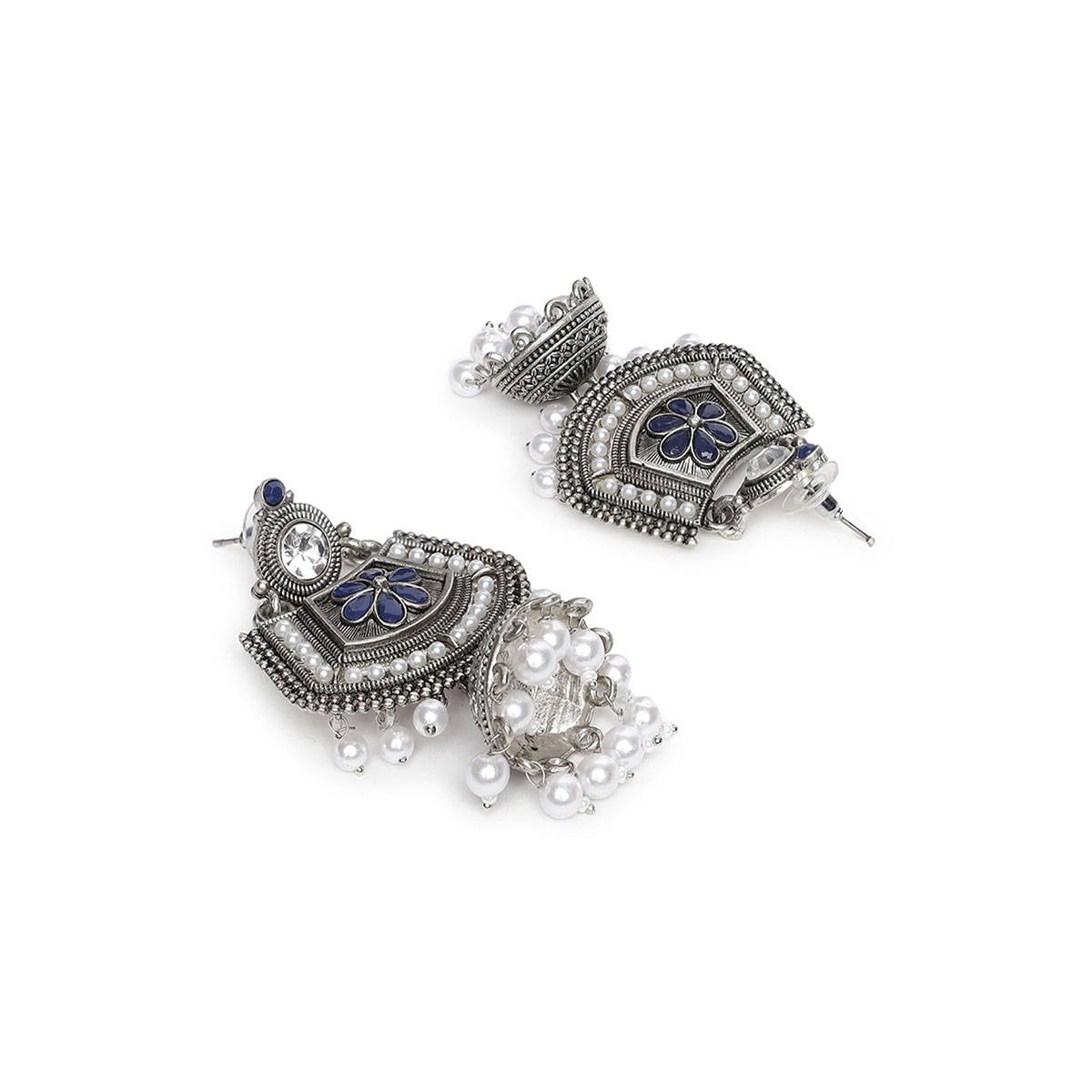 Aatmana Blue Meenakari Kundan & Pearl Floral Ethnic Drop Jhumka Earrings
