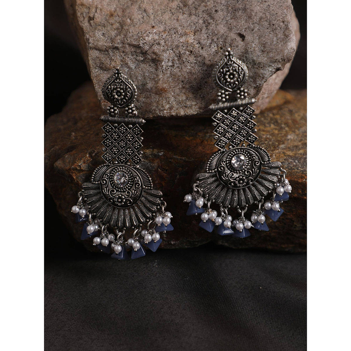 Aatmana Silver-Toned & Blue Oxidised Classic Drop Earrings