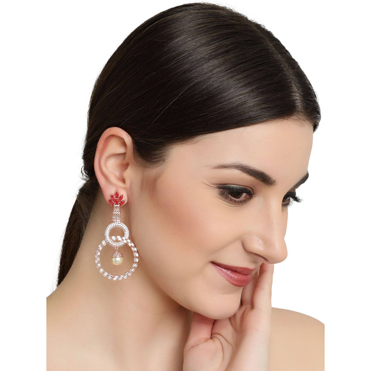 Aatmana Red & Rose Gold-Plated American Diamond Circulate Shaped Drop Earrings · One Size