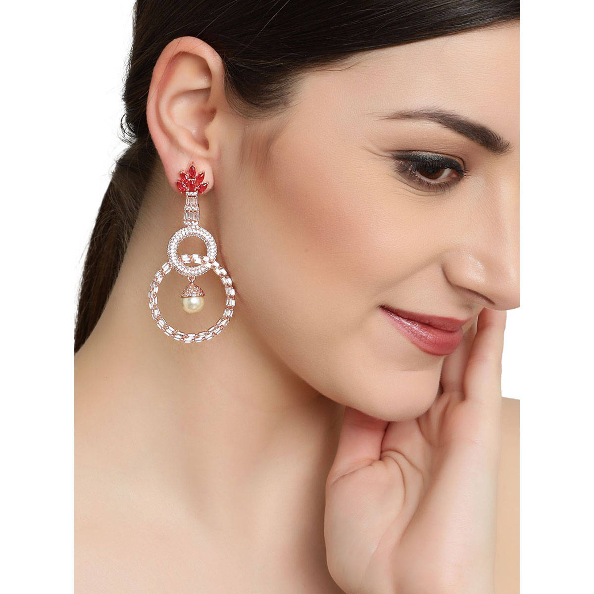 Aatmana Red & Rose Gold-Plated American Diamond Circulate Shaped Drop Earrings · One Size
