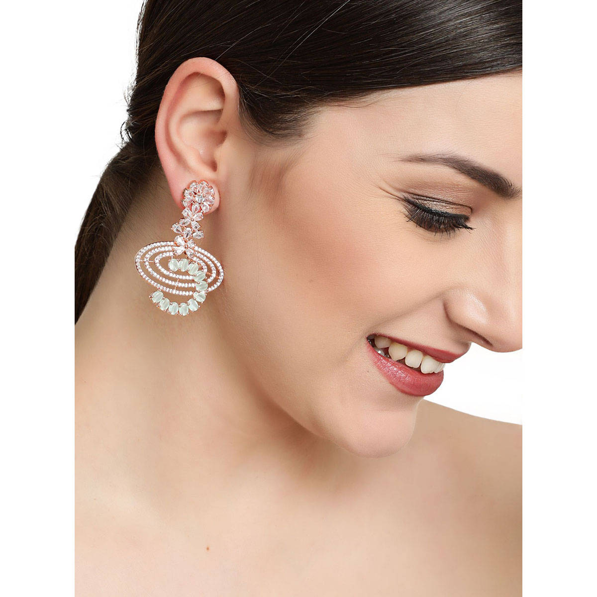 Aatmana Mint Green & Rose Gold-Plated American Diamond Crescent Shaped Drop Earrings