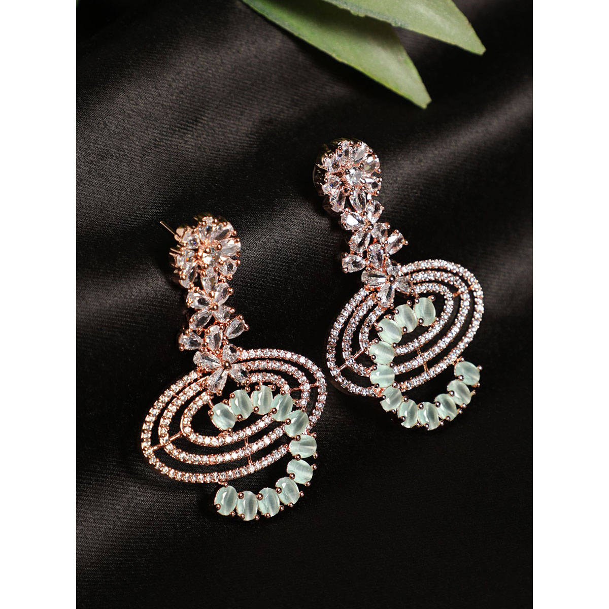 Aatmana Mint Green & Rose Gold-Plated American Diamond Crescent Shaped Drop Earrings