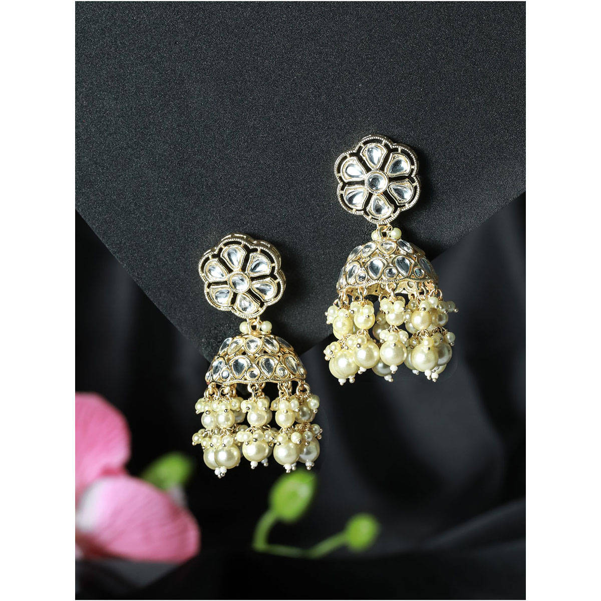 Aatmana Off White Beads Kundan studded & Beaded Contemporary Jhumkas Earrings