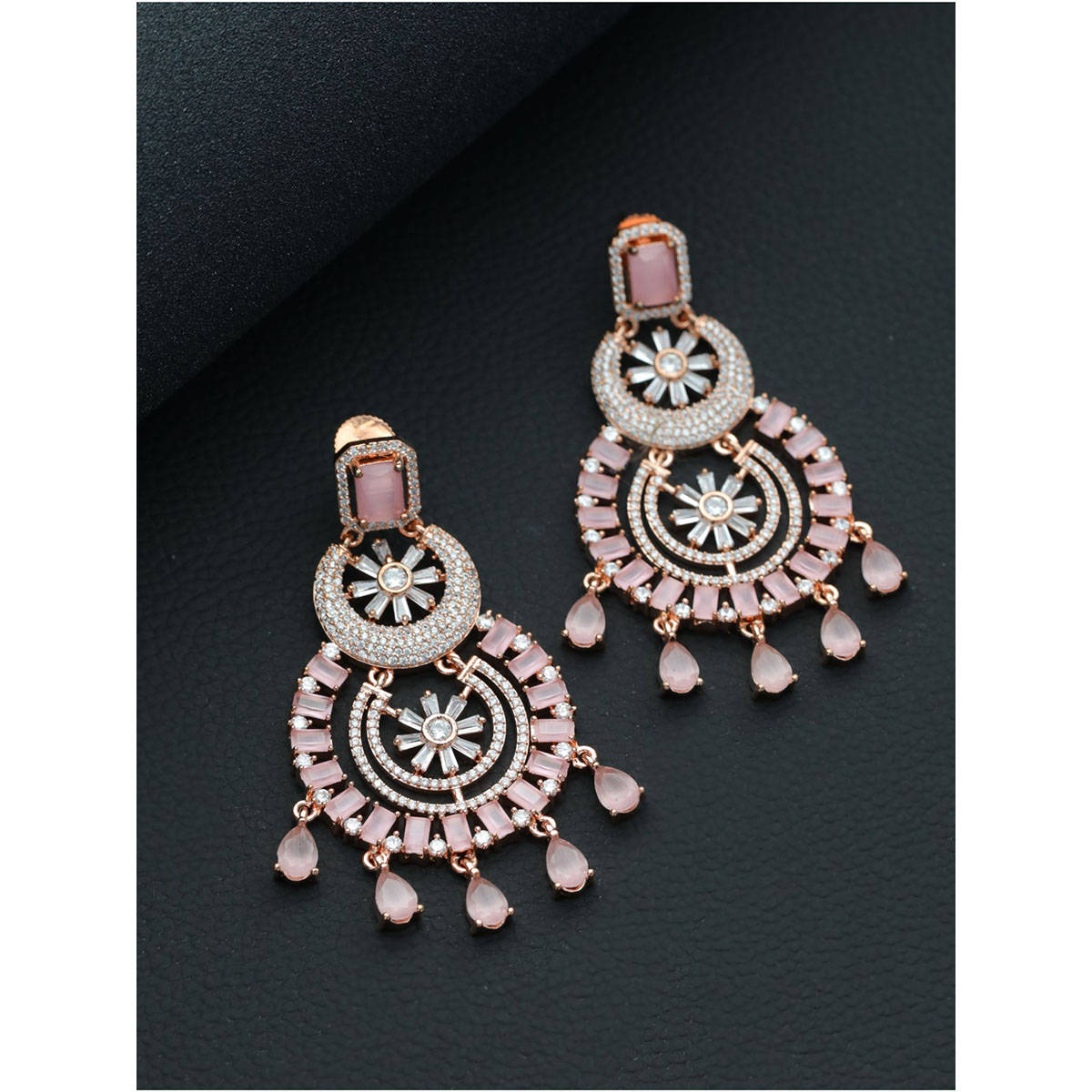Aatmana Rose Gold Plated & Pink American Diamond studded Chandbalis Earrings