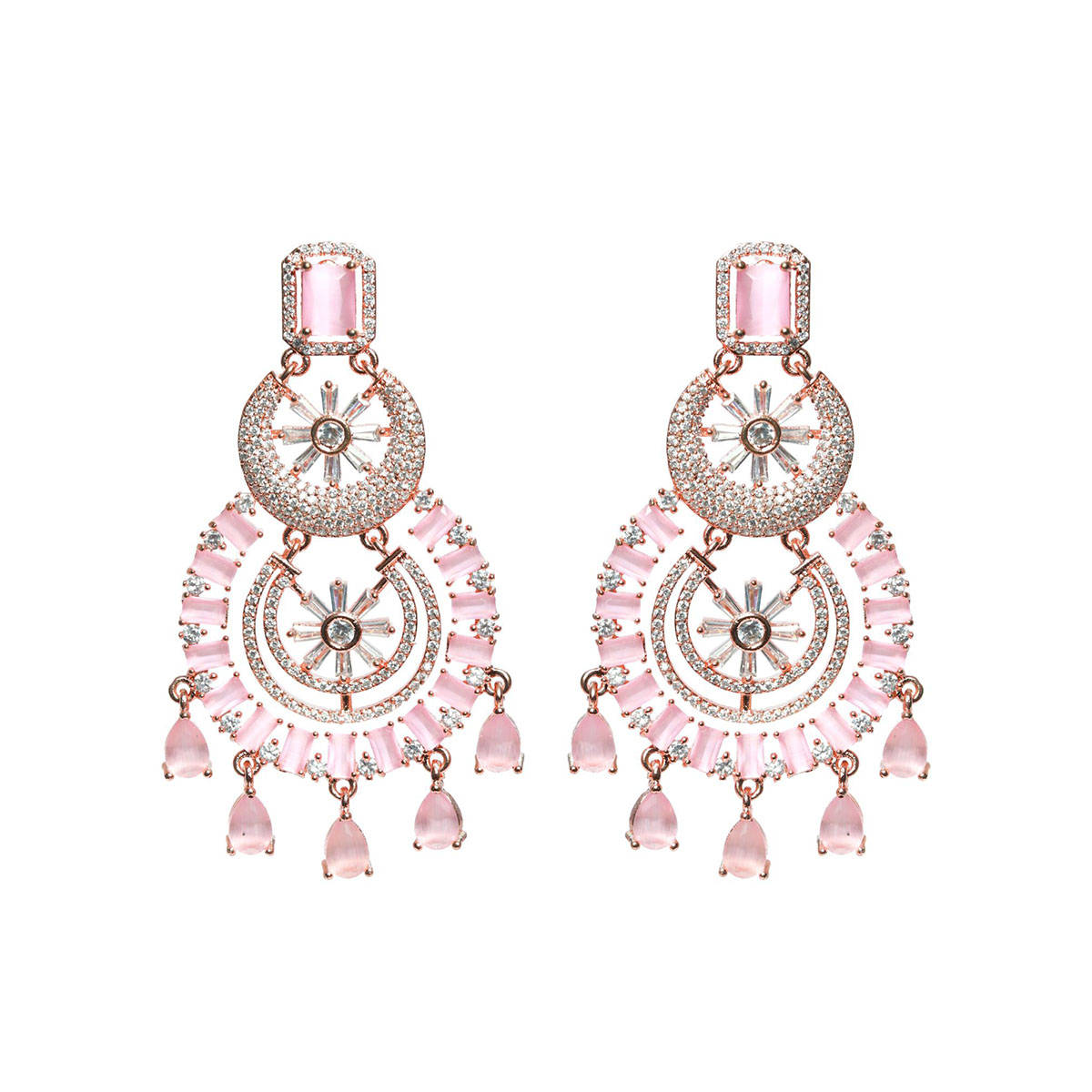 Aatmana Rose Gold Plated & Pink American Diamond studded Chandbalis Earrings