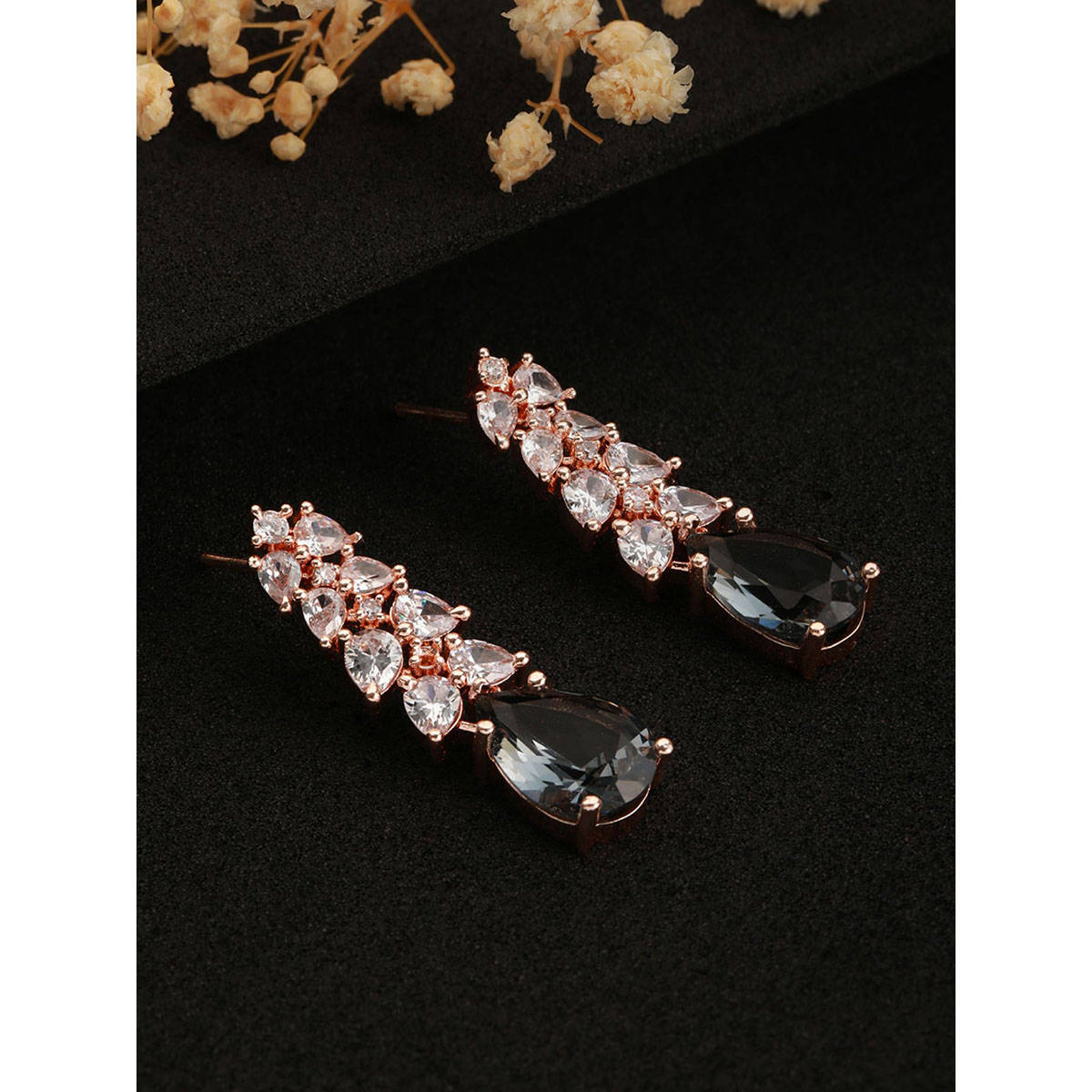 Aatmana Rose Gold-Plated & Grey AD-Studded Handcrafted Teardrop Drop Earrings