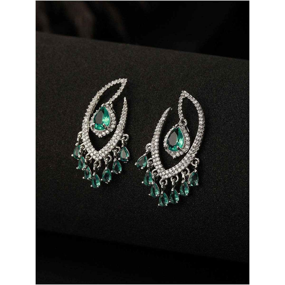 Aatmana Green & White Rhodium Plated AD Studded Drop Earrings