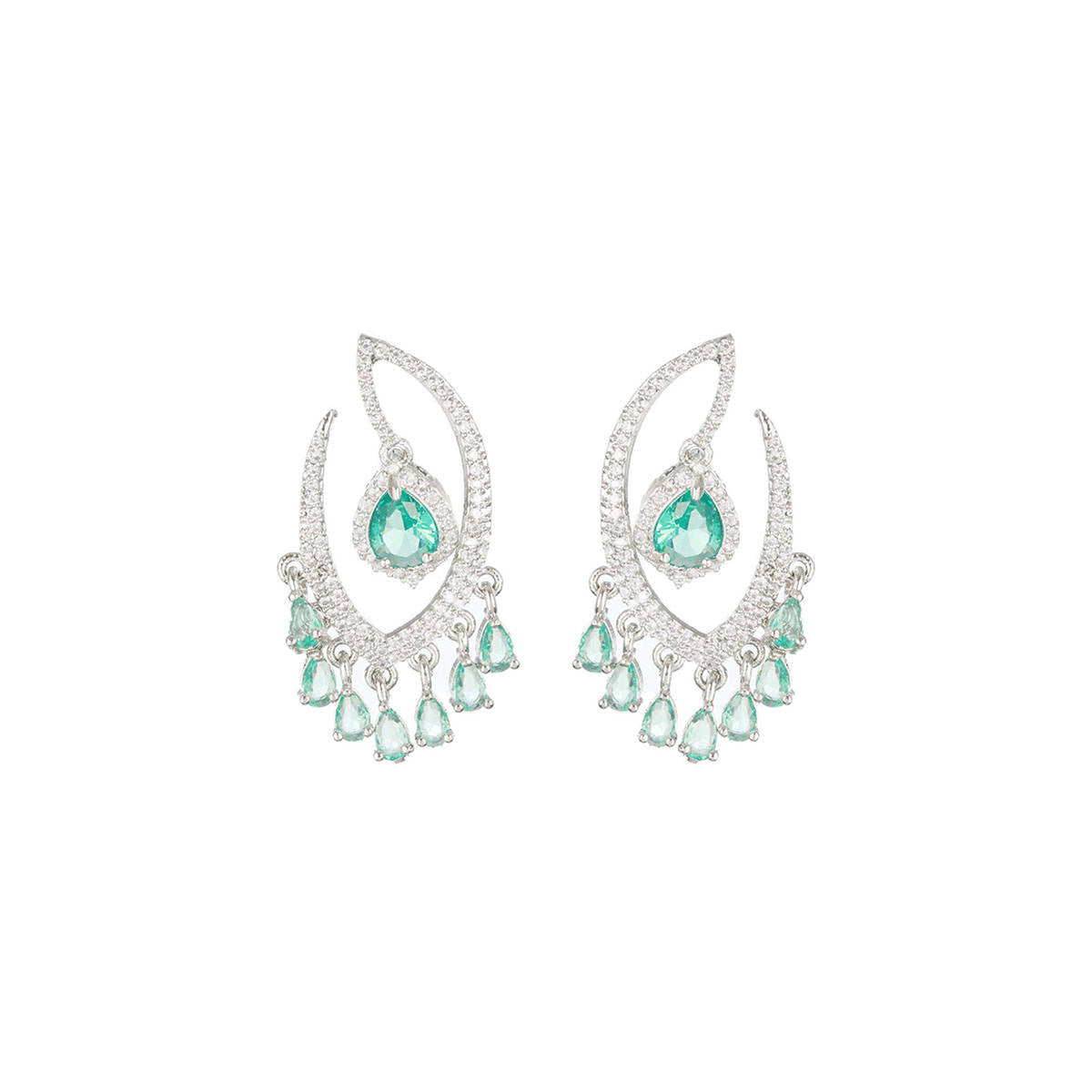 Aatmana Green & White Rhodium Plated AD Studded Drop Earrings