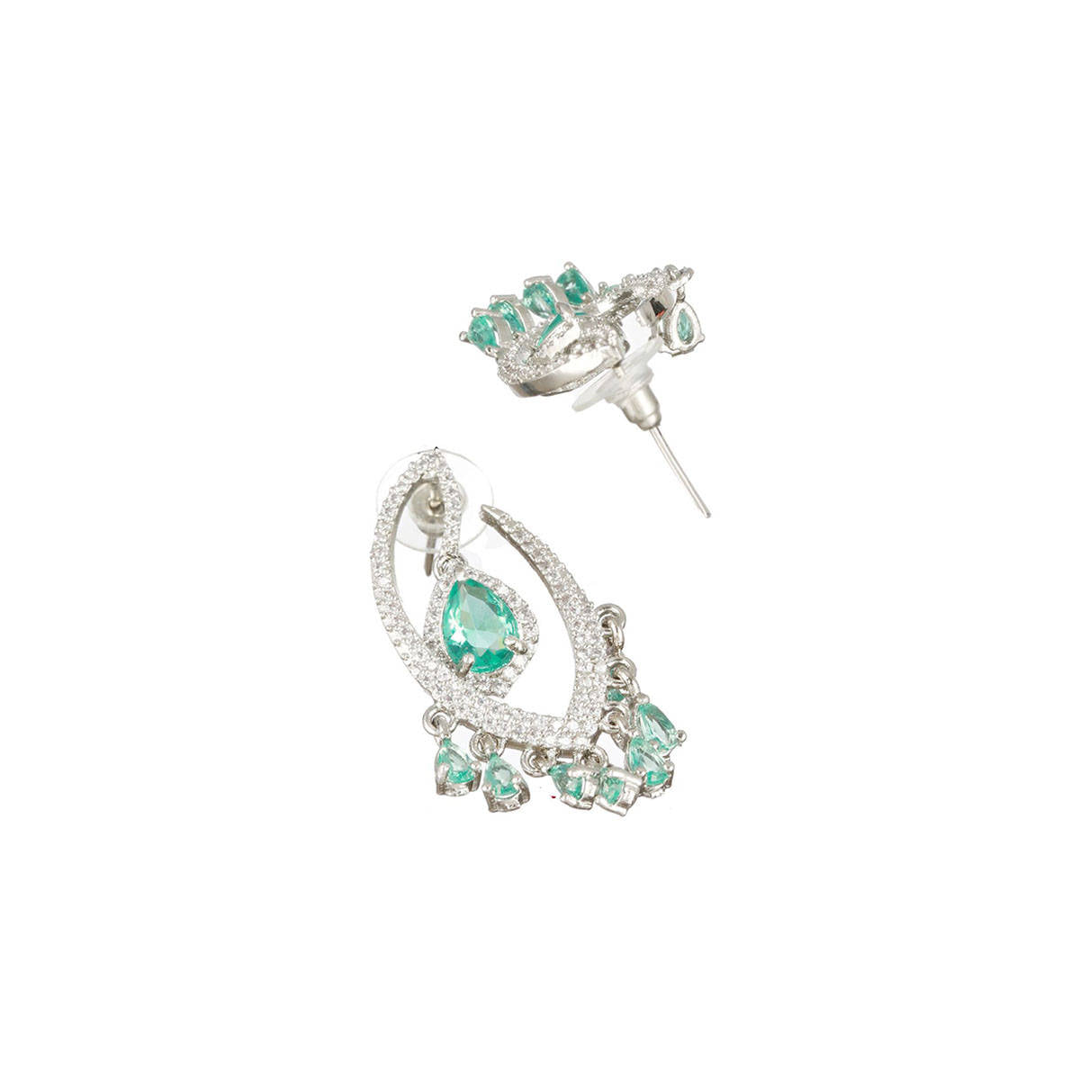 Aatmana Green & White Rhodium Plated AD Studded Drop Earrings