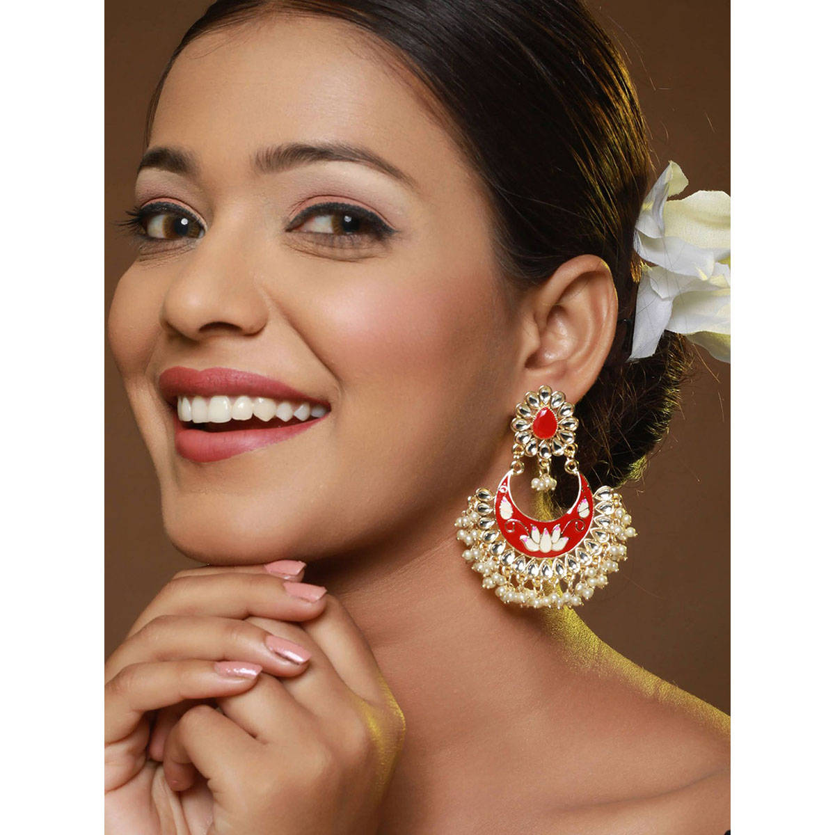 Aatmana Gold-Toned & Meenakari Crescent Shaped Chandbalis · One Size