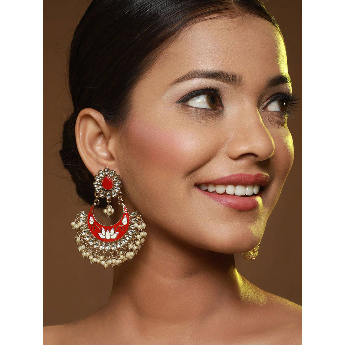 Aatmana Gold-Toned & Meenakari Crescent Shaped Chandbalis · One Size