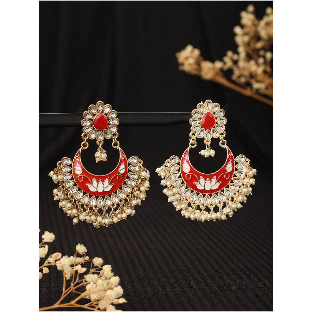 Aatmana Gold-Toned & Meenakari Crescent Shaped Chandbalis