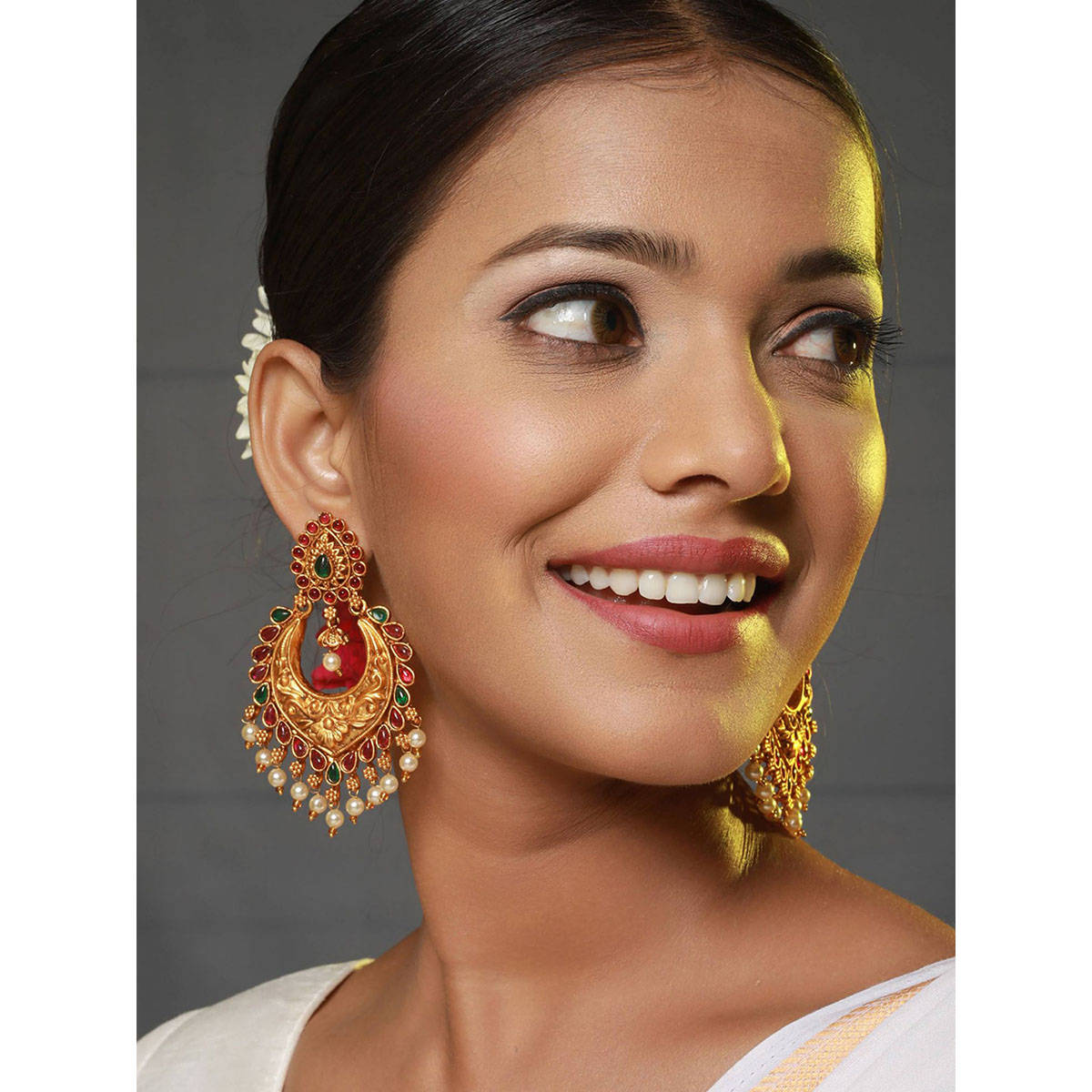 Aatmana Gold-Plated Green & Pink Crescent Shaped Chandbalis · One Size