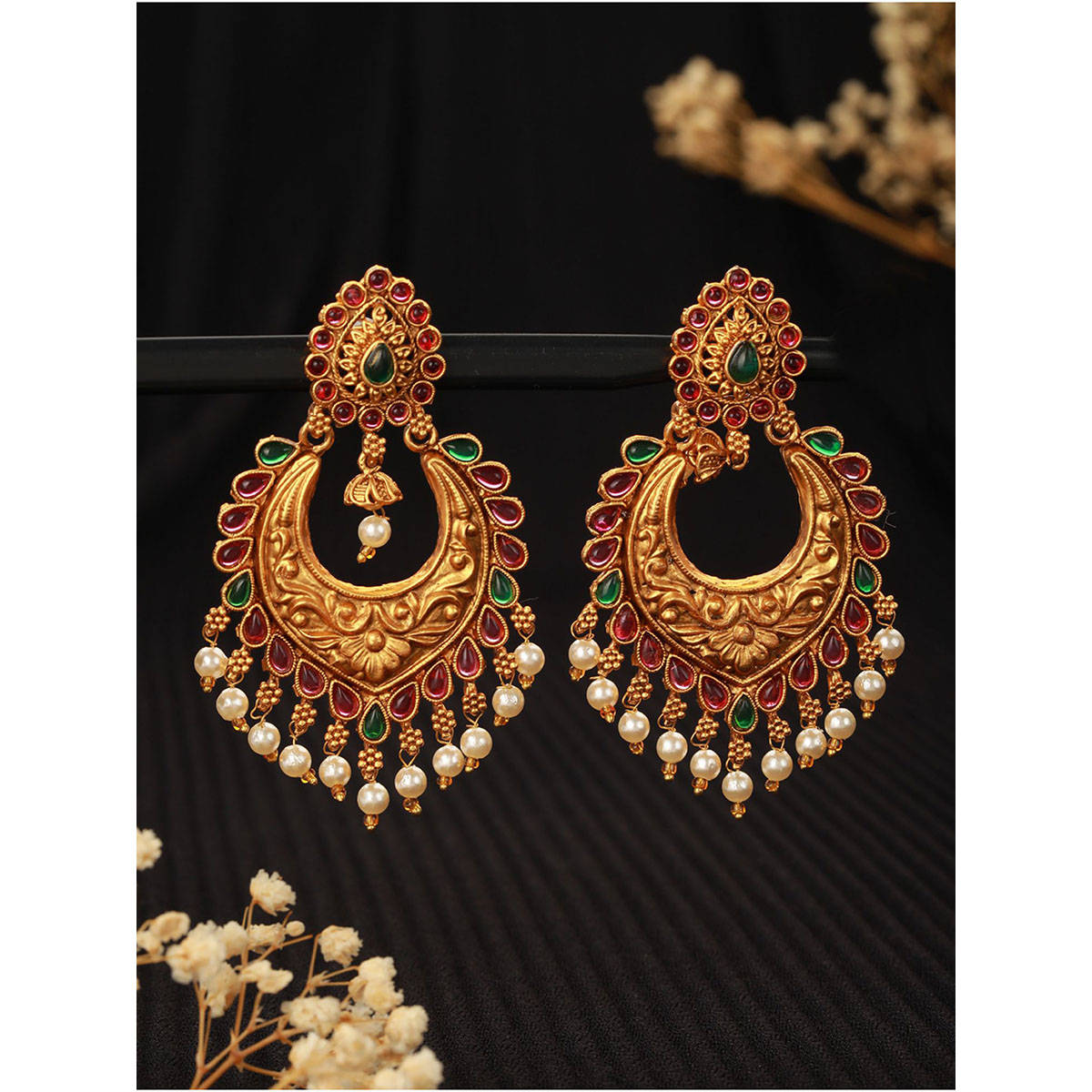 Aatmana Gold-Plated Green & Pink Crescent Shaped Chandbalis · One Size