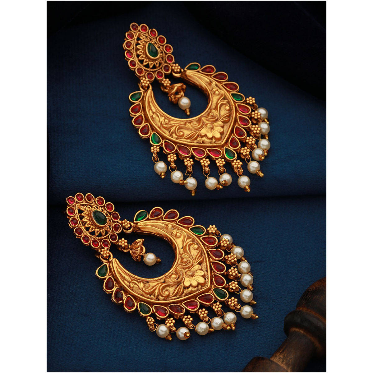Aatmana Gold-Plated Green & Pink Crescent Shaped Chandbalis