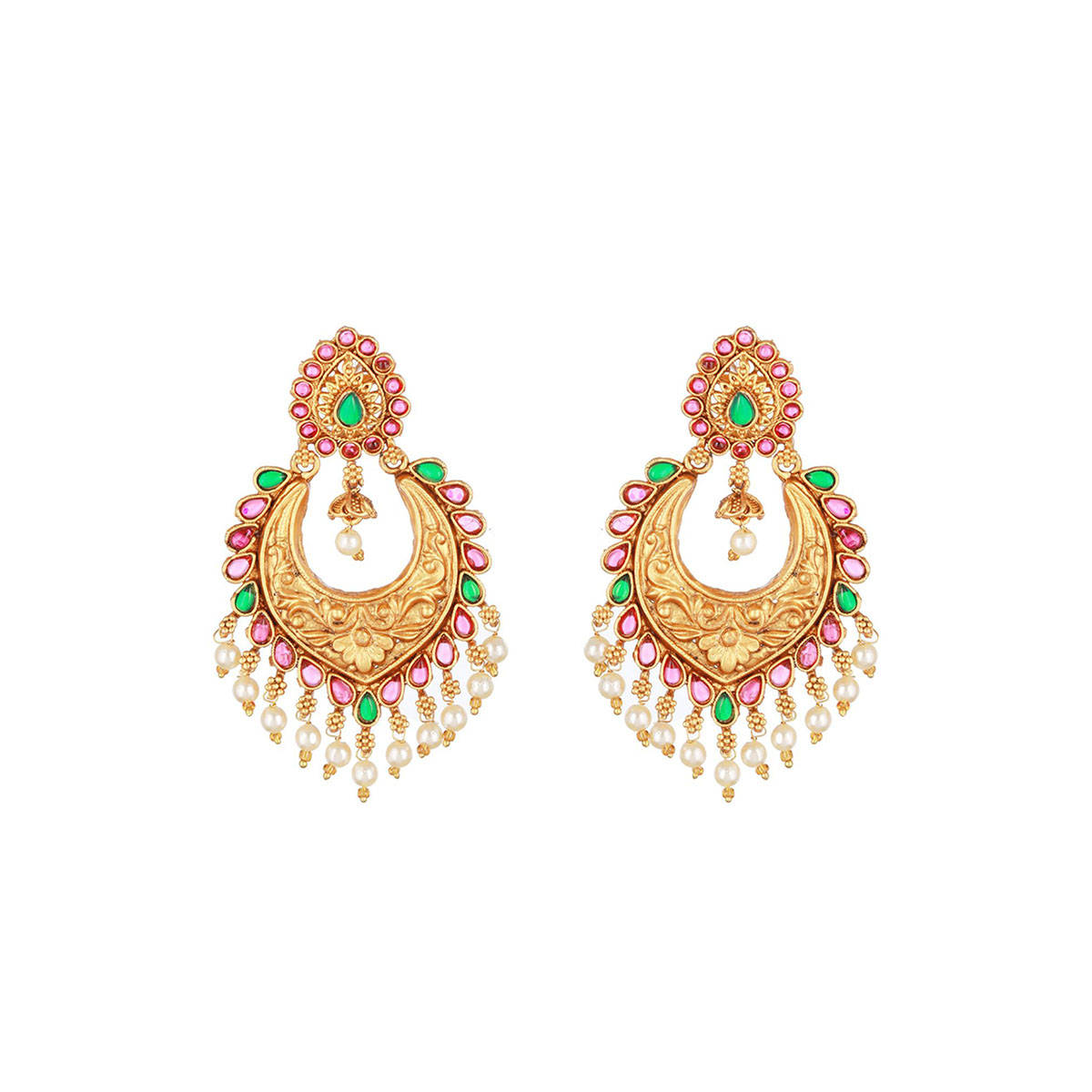 Aatmana Gold-Plated Green & Pink Crescent Shaped Chandbalis