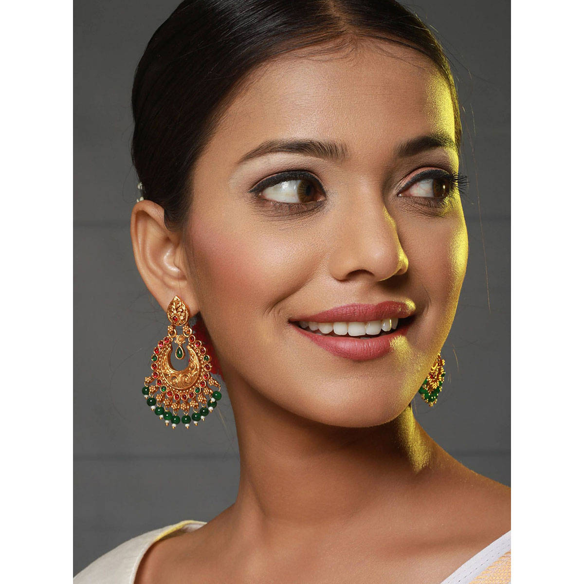 Aatmana Green & Pink Gold-Plated Contemporary Shaped Chandbalis · One Size