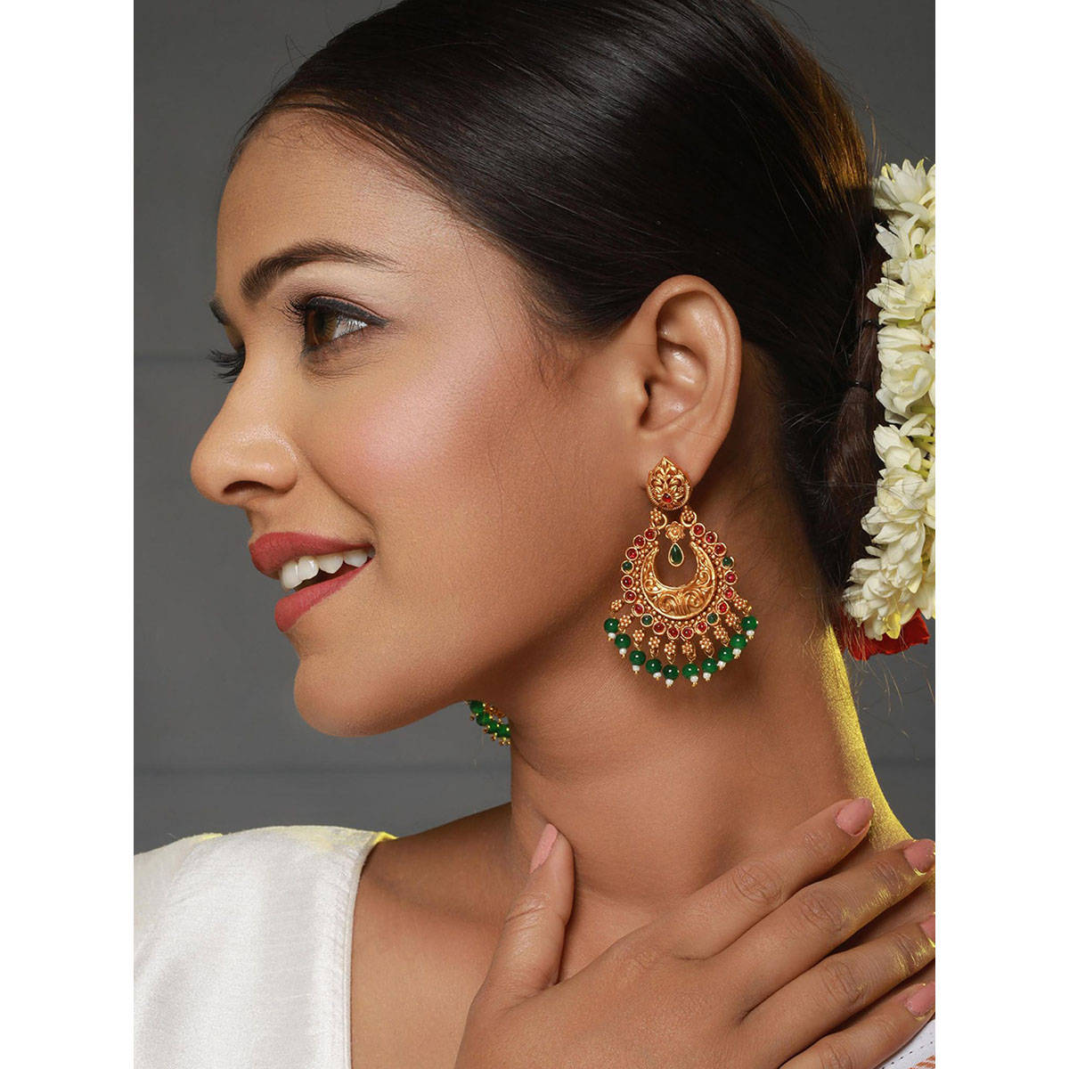 Aatmana Green & Pink Gold-Plated Contemporary Shaped Chandbalis · One Size